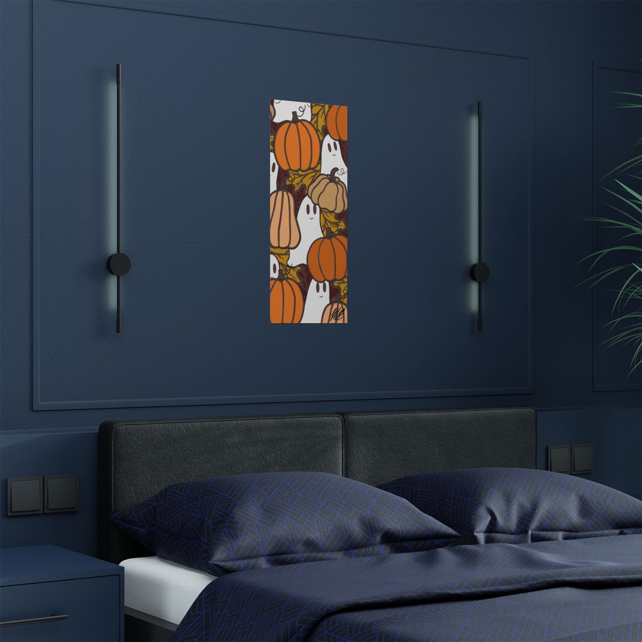 Halloween Pumpkin & Ghost Satin Poster — Autumn Festival Wall Art - Created By Original Artist