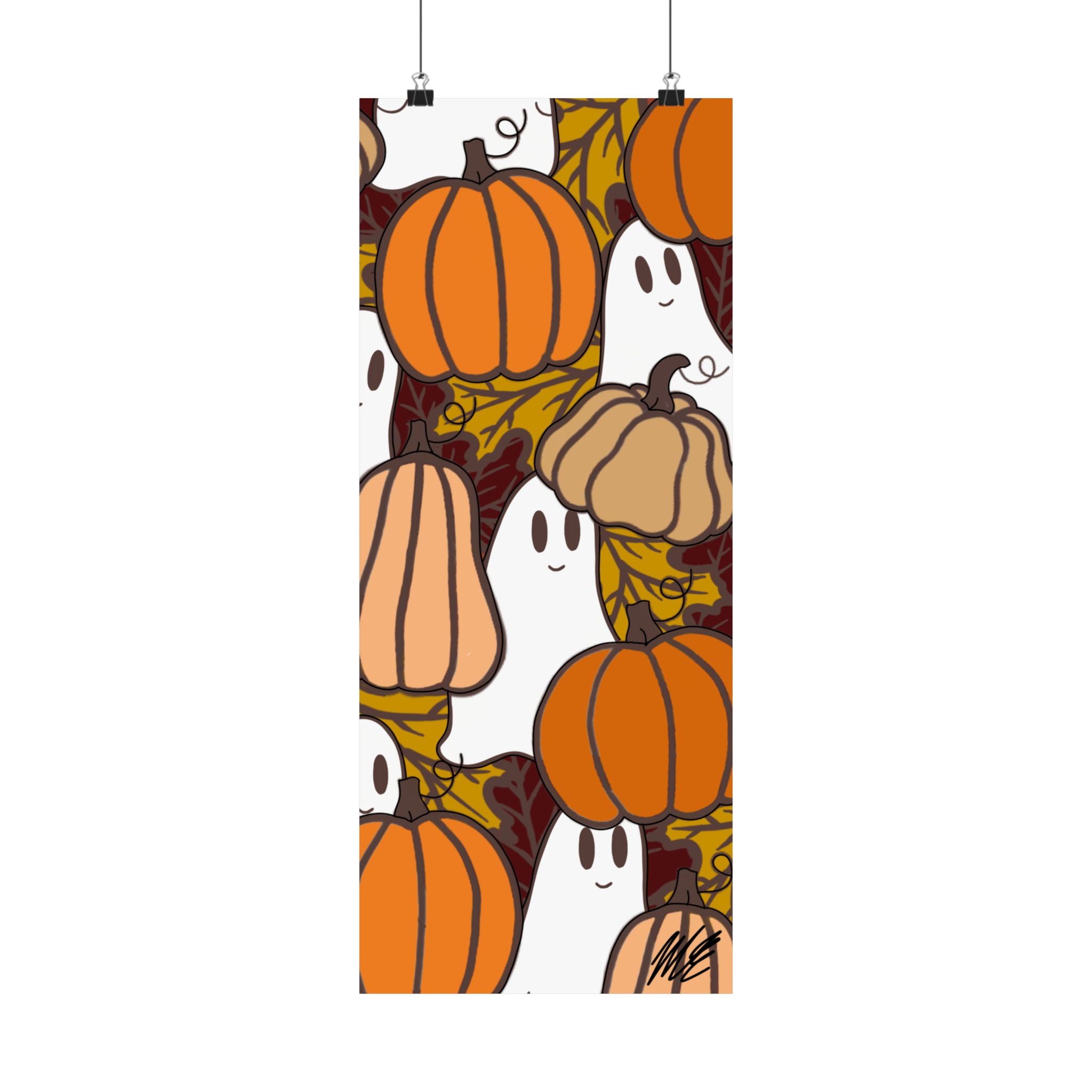 Halloween Pumpkin & Ghost Satin Poster — Autumn Festival Wall Art - Created By Original Artist