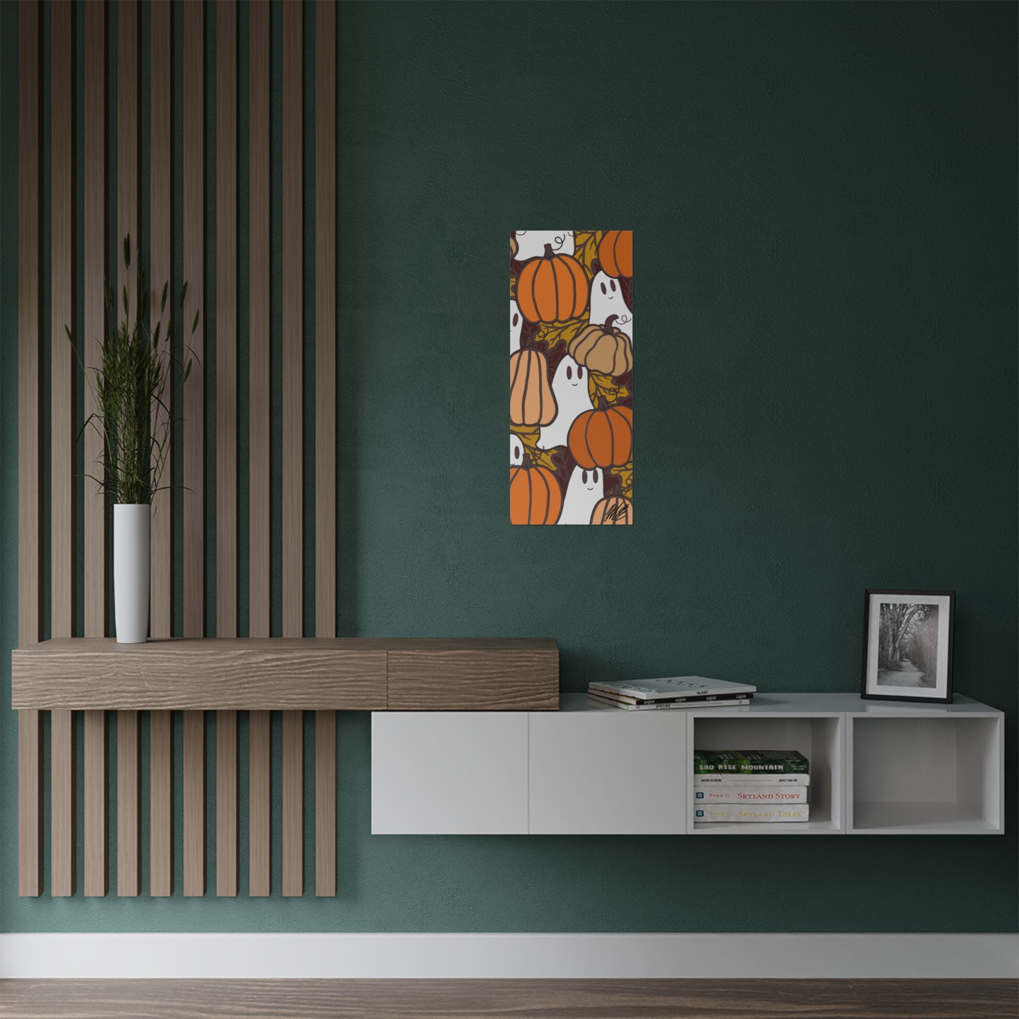 Halloween Pumpkin & Ghost Satin Poster — Autumn Festival Wall Art - Created By Original Artist