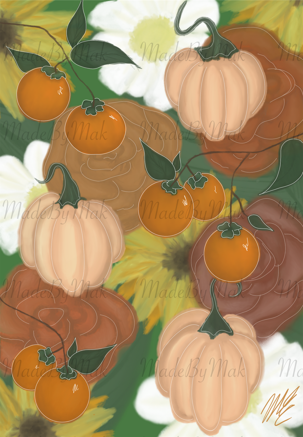Autumn Harvest Satin Poster — Pumpkin & Sunflower Wall Art - Created By Original Artist